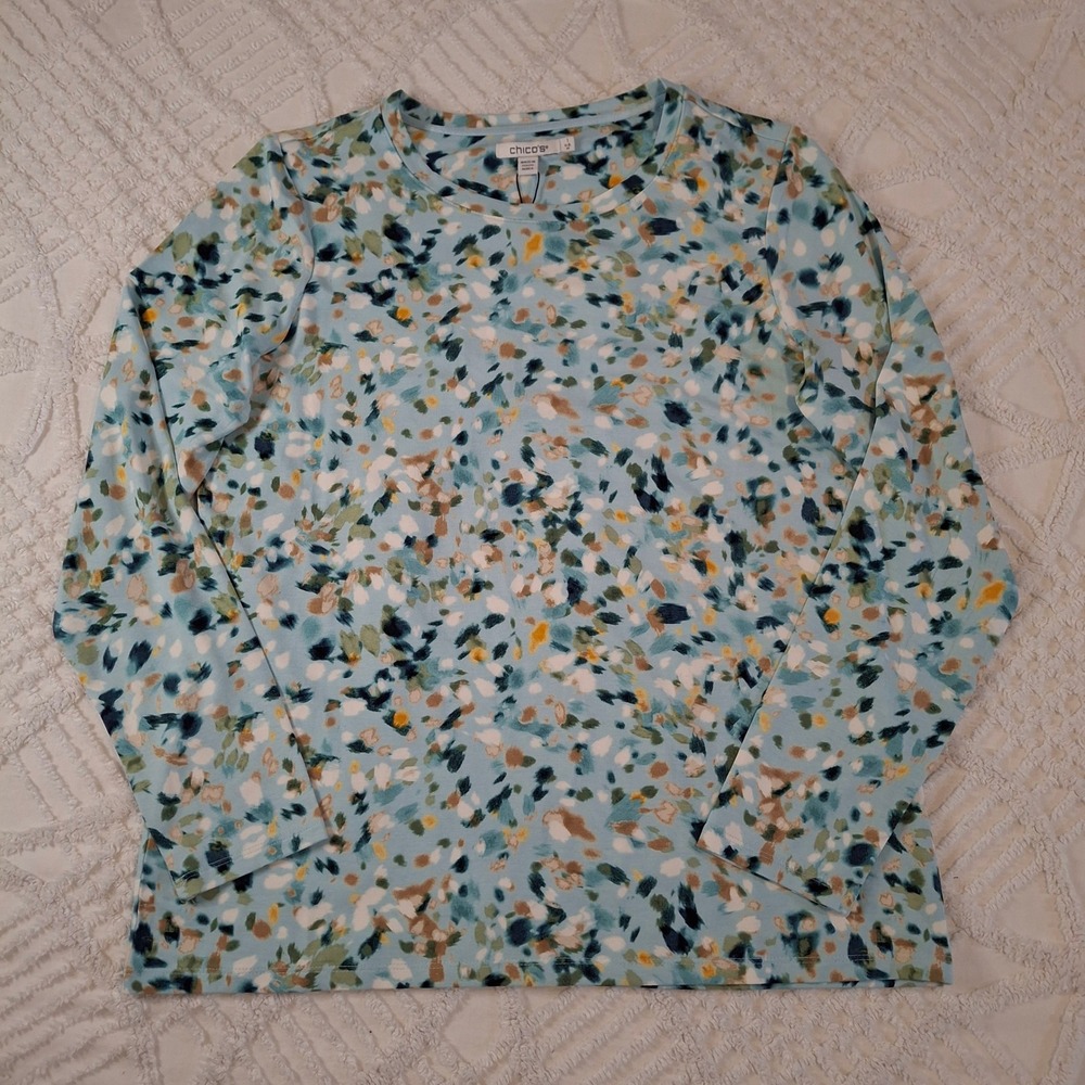 Chicos 1 Women Medium Long Sleeve Tee Blue Touch of Cool Long Sleeve T-Shirt NWT